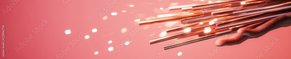 Poster futuristic cooperation diverse hands with copper tubes and sparks for business innovation and market