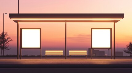Empty bus stop at sunset, illuminated with soft lighting. Two blank advertisement spaces and benches are available.