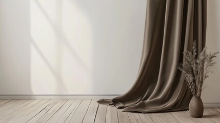 A taupe curtain drapes elegantly across a light wood floor, complementing a simple vase of dried flowers against a minimalist white wall.