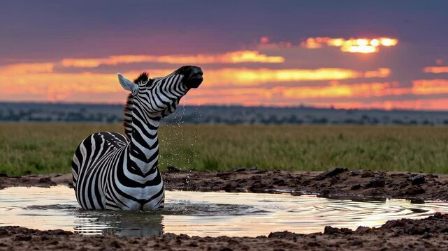 zebra at sunset drinking from a hole in the ground, in the style of impressive panoramas, sparkling water reflections