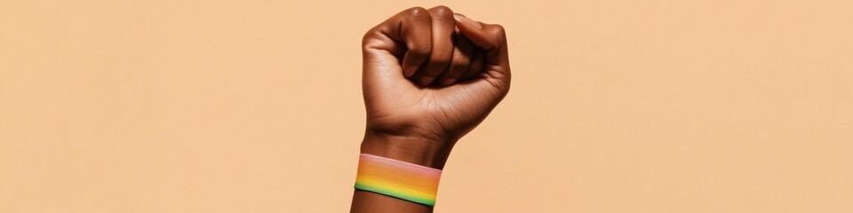 Fototapeta premium Minimalist Vibrant Holographic Wristband on Clenched Fist - Contemporary Symbol for Inclusive Tech Activism and Modern Marketing Imagery
