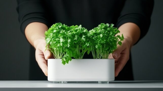 Futuristic Urban Hydroponic Setup Youthful Innovation in Compact Herb Grow Technology on Sleek Kitchen Counter - Smart Home Solutions and Culinary Efficiency