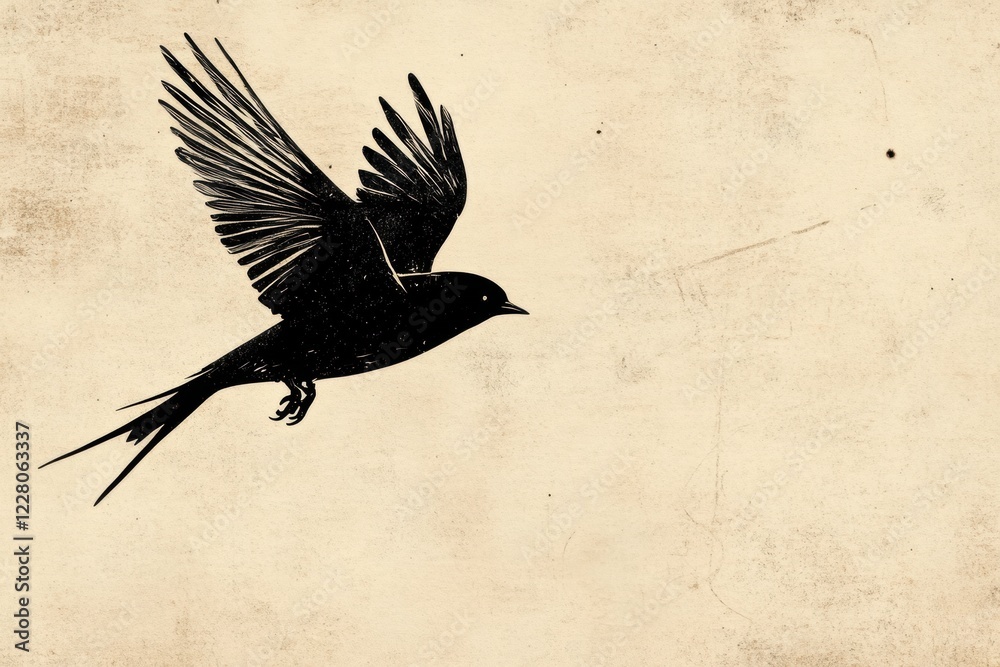 Aufkleber black bird in flight across a textured beige background during daylight hours. generative ai