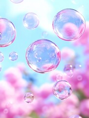 Pink Bubbles and Sky - Sparkling pink bubbles float against a light blue sky, with a soft pink floral backdrop.  A dreamy, whimsical image.