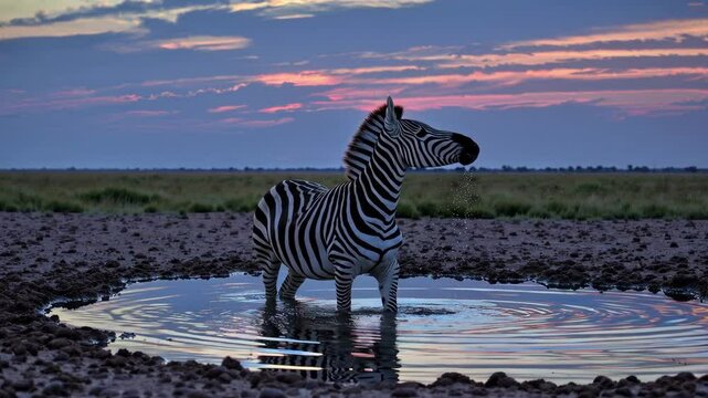 zebra at sunset drinking from a hole in the ground, in the style of impressive panoramas, sparkling water reflections