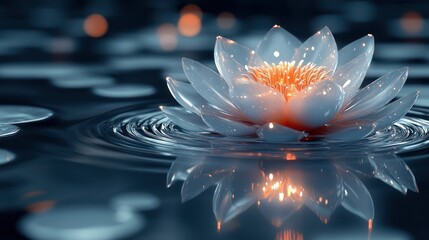 Glowing lotus, calm water, night, bokeh, serenity