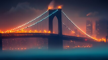 Fototapeta premium A surreal luminescence washes over the Verrazano Bridge, casting an otherworldly glow against the hazy New York City skyline. 