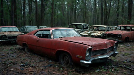 Abandoned Car Graveyard with Wrecked Red Vintage Car - Cinematic Photography - Generative AI