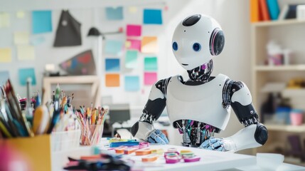 A humanoid robot organizing a craft station with art supplies in a bright workspace, with a focus on neatness and clean surroundings, Creative style