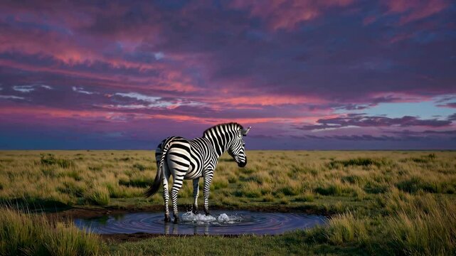 zebra at sunset drinking from a hole in the ground, in the style of impressive panoramas, sparkling water reflections
