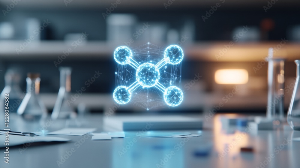 Poster neon-hued scientific visualization holographic molecule display on sleek lab desk - innovation for t