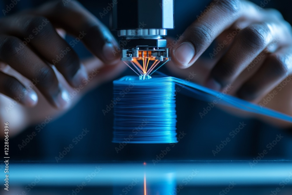 Aufkleber innovative tech precision young indian engineer adjusting blue pla on fdm printer mid-operation - ma
