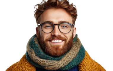 Man with curly hair and beard smiles warmly in winter attire, isolated on a transparent background. PNG