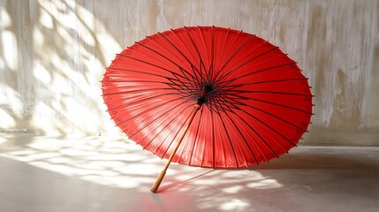 A vibrant red Japanese parasol umbrella rests on a surface, its intricate spokes extending outwards. Its fabric canopy features a traditional Japanese design