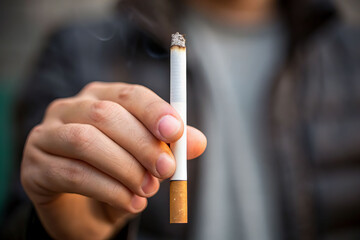 Cigarette smoking urban setting close-up view of hand environment showing health risks concept of death