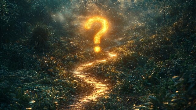 Glowing Question Mark Floating Over Winding Path in Enchanting Forest Symbolizing Life s Journey and Mysteries
