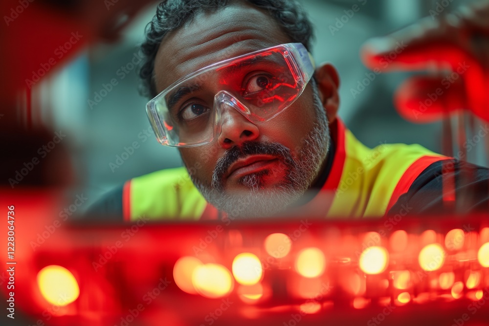 Aufkleber industrial tech precision middle-aged indian worker in reflective gear overseeing smart robotics on 