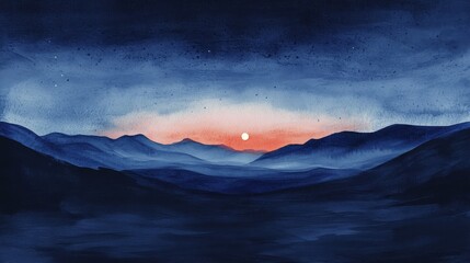 Serene Sunset Over Mountains - A tranquil watercolor painting depicting a sunset over a range of misty mountains, with a soft orange glow against a deep blue sky.