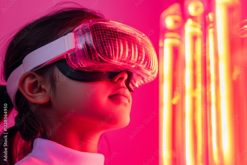 Aufkleber Immersive Tech Experience South Asian Teen Girl with Transparent VR in Neon Glow - Innovative EdTech Design for Future Science Labs and Interactive Learning