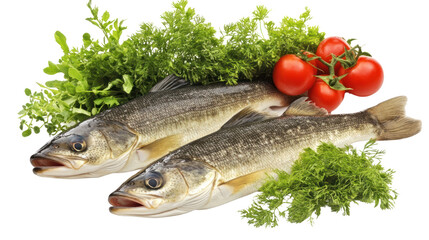 Fresh fish accompanied by ripe tomatoes and green herbs for cooking, isolated on a transparent background. PNG