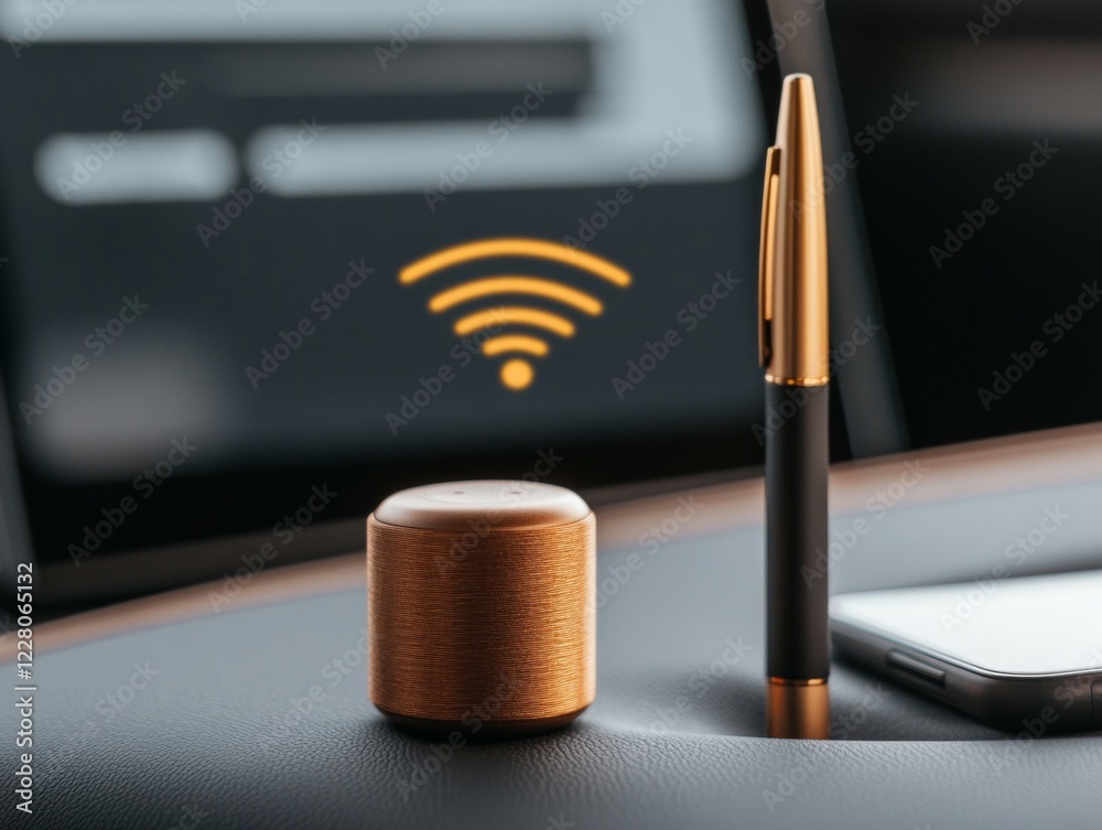 Poster copper elegance portable wi-fi device and smartphone ensemble on leather enhancing mobile office fun