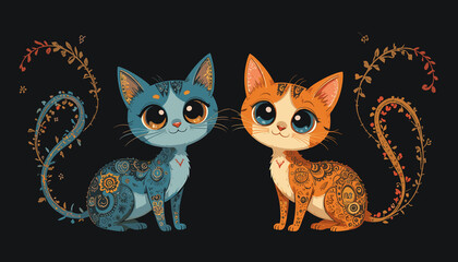 Obraz premium Colorful decorative cats with intricate patterns and big eyes on black background