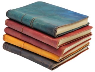 Four vibrant leather journals stacked, displaying their textures, isolated on a transparent background. PNG