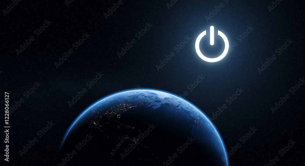 Poster earth with power button in space. earth globe with power button floating in space
