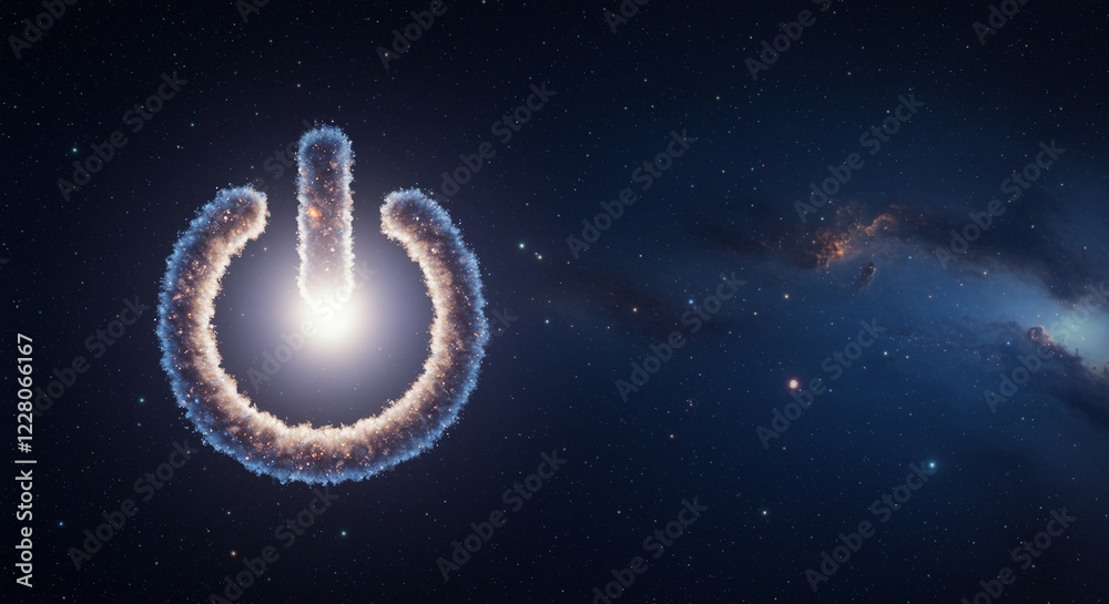 Poster power button in space. glowing power button in the night sky. power button symbol in space