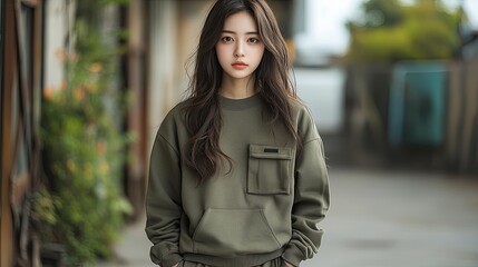 Fototapeta premium A young woman with long dark hair, wearing a green sweatshirt, stands in a city street.
