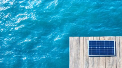 Obraz premium Solar Panel on Ocean Dock - Clean energy, solar power, ocean view, sustainable technology, renewable resource.