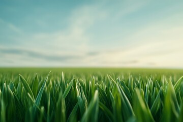 Fototapeta premium Pastoral Bliss Expansive Green Grass Field Under Gentle Sunlight - Eco Imagery for Modern Branding, Environmental Campaigns, and Biophilic Design Inspiration