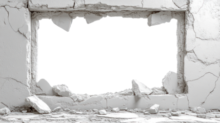 Cracked wall with an opening showing an empty area beyond, isolated on a transparent background. PNG