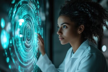 A woman scientist interacts with a futuristic, teal holographic interface, exploring data visualizations.