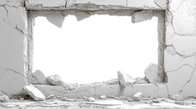Cracked wall with an opening showing an empty area beyond, isolated on a transparent background. PNG