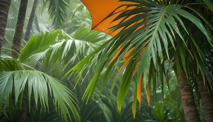 Fototapeta premium Una palmera tropical con grandes hojas verdes sobre un fondo verde y exuberante. En primer plano se ve un paraguas naranja, lo que sugiere un día lluvioso o nublado