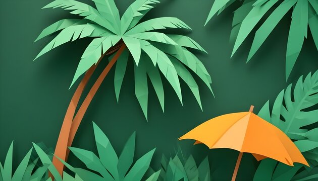 Una palmera tropical con grandes hojas verdes sobre un fondo verde y exuberante. En primer plano se ve un paraguas naranja, lo que sugiere un d&iacute;a lluvioso o nublado