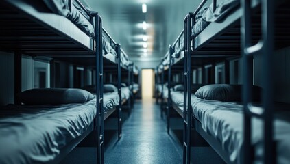 Fototapeta premium Long Corridor of Bunk Beds in a Dorm Room