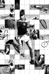 Collage with 2 models, in mosaic style of female tennis players in action, showcasing skill, focus,...
