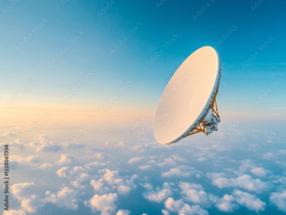 Aufkleber Minimalist Atmospheric Data Collection Modern Satellite Dish with Cloudscape - Cutting-Edge Climate Monitoring and Tech Applications in Environmental Science