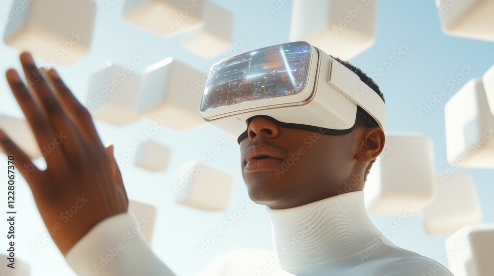 Poster futuristic vr interface young man in sleek vr headset with ai holograms - metallic space design for 