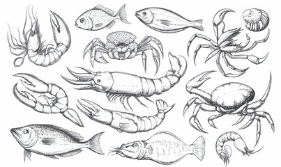 Hand Drawn Vintage Seafood Sketch Collection: Fish, Crab, Lobster, and Shellfish Illustrations