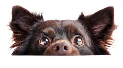 Brown dog curiously peeking over a surface with big eyes, isolated on a transparent background. PNG