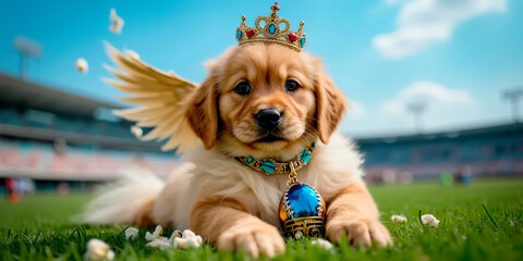 puppy Golden Retriever blue jewel Angel portrait on football background and popcorn | Commercial | Cute | Background for a football project | cute stadium