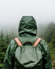 Misty Forest Adventure Eco-Friendly Gear for Outdoor Wellness - Green Rain Jacket with Sleek Backpack in Foggy Wilderness for Inspiring Nature