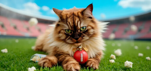 Brown and white cat Angel portrait on football background and popcorn | Commercial | Cute | Background for a football project | cute stadium
