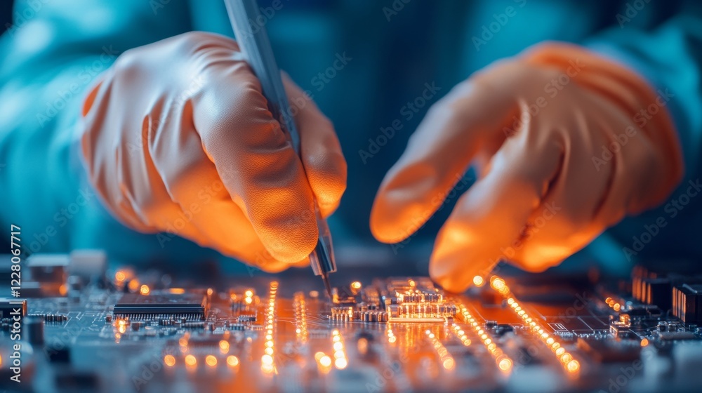 Poster tech repair precision technician handcrafting semiconductor on circuit board - cutting-edge device m