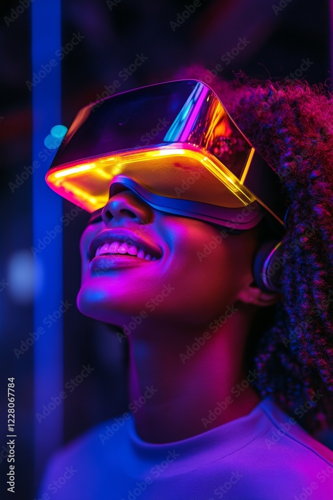 Poster neon vr innovation inspiring portrait of a smiling woman in holographic light - immersive tech style