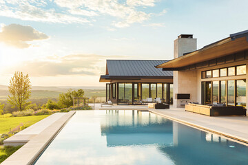 Fototapeta premium infinity edge pool reflecting modern Texas mansion