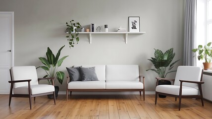 White sofa and armchairs in scandinavian style home interior design of modern living room...